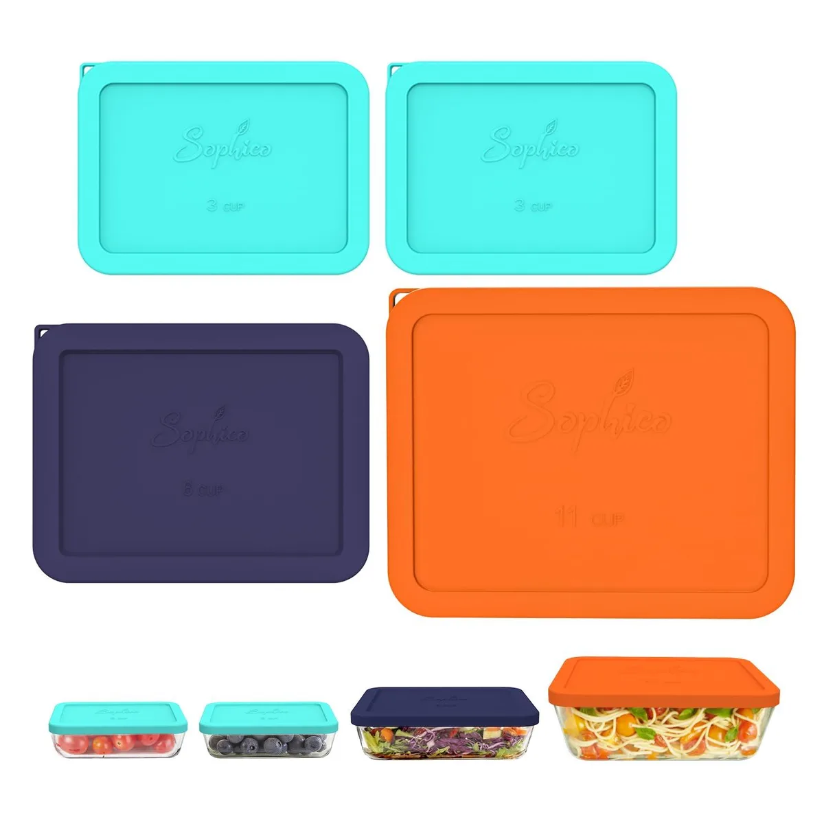 Four rectangular silicone lids in mixed colours, flexible with hanging holes