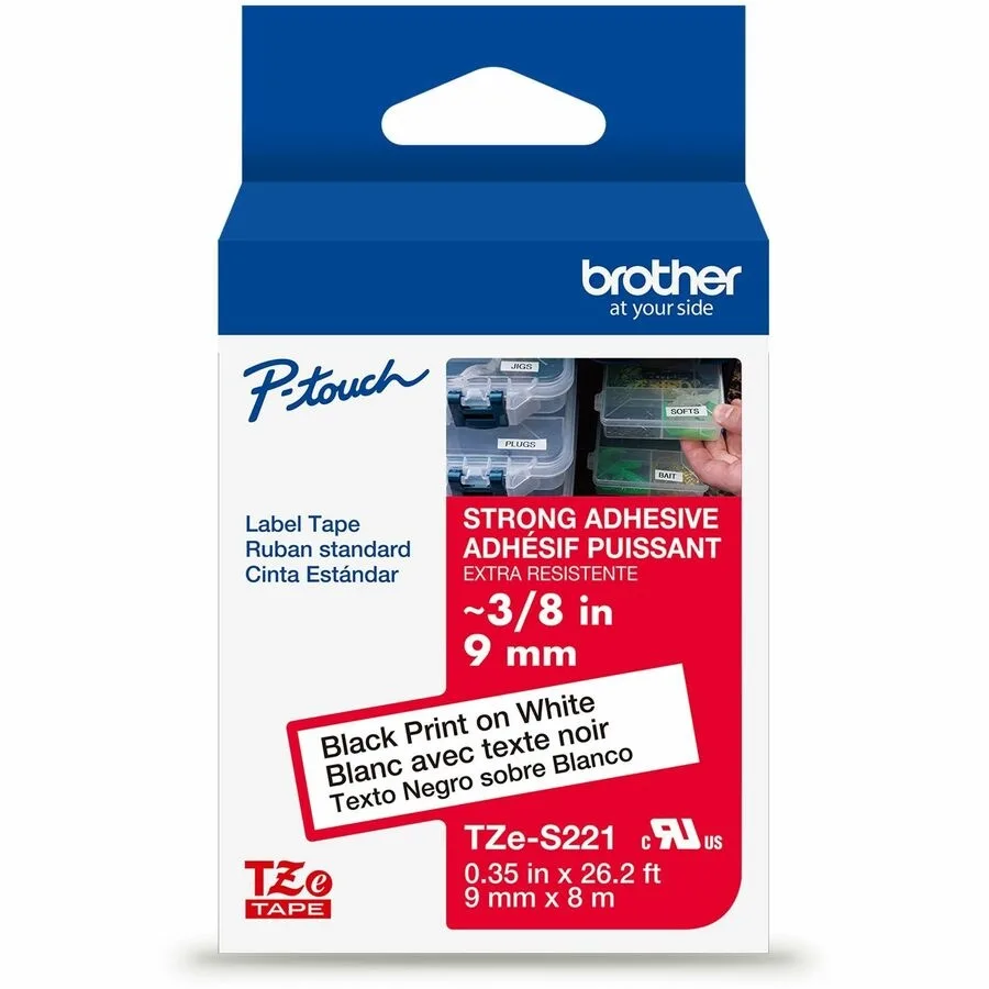 Brother TZeS221 label tape cassette, white on black, strong adhesive