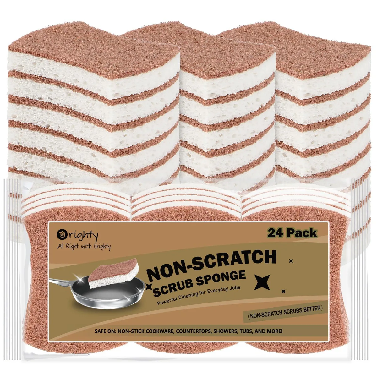 Pack of 24 rectangular two-tone scrub sponges with white cellulose base and tan sisal scrub layer