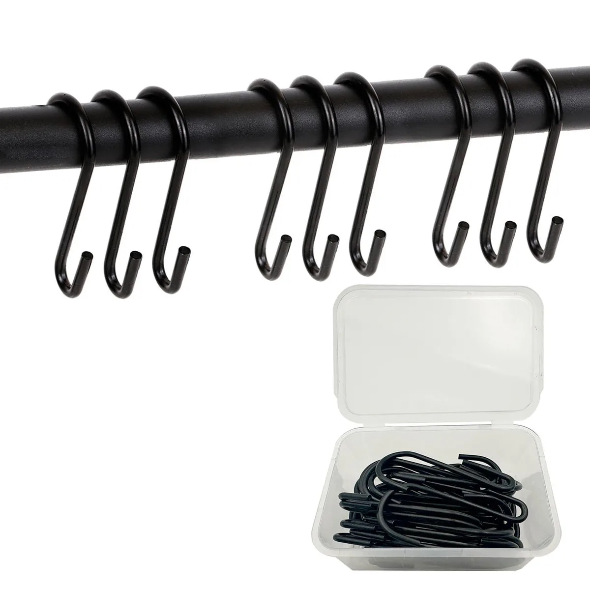 32 black S-hooks in a plastic box, each 2.5 inches with two loop sizes