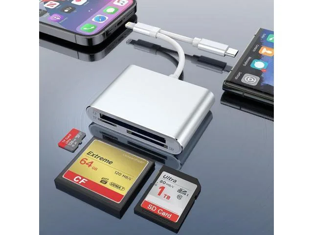 Manw Manw 3-in-2 SD CF MicroSD Card Reader Lightning USB-C 12-16 MB/s — product photo