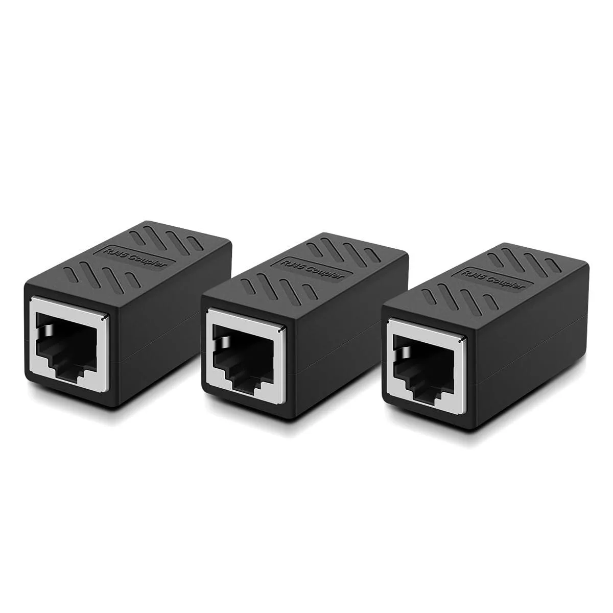Three black RJ45 inline couplers, female-to-female, compact plastic bodies with gold-plated contacts