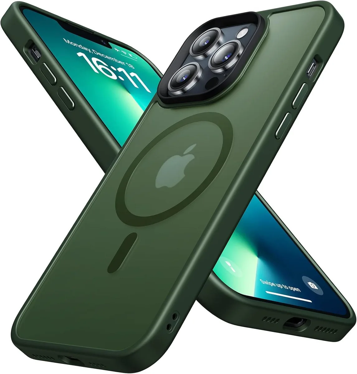 Midnight Green MagSafe case for iPhone 13 Pro Max with clear back and dark green bumpers