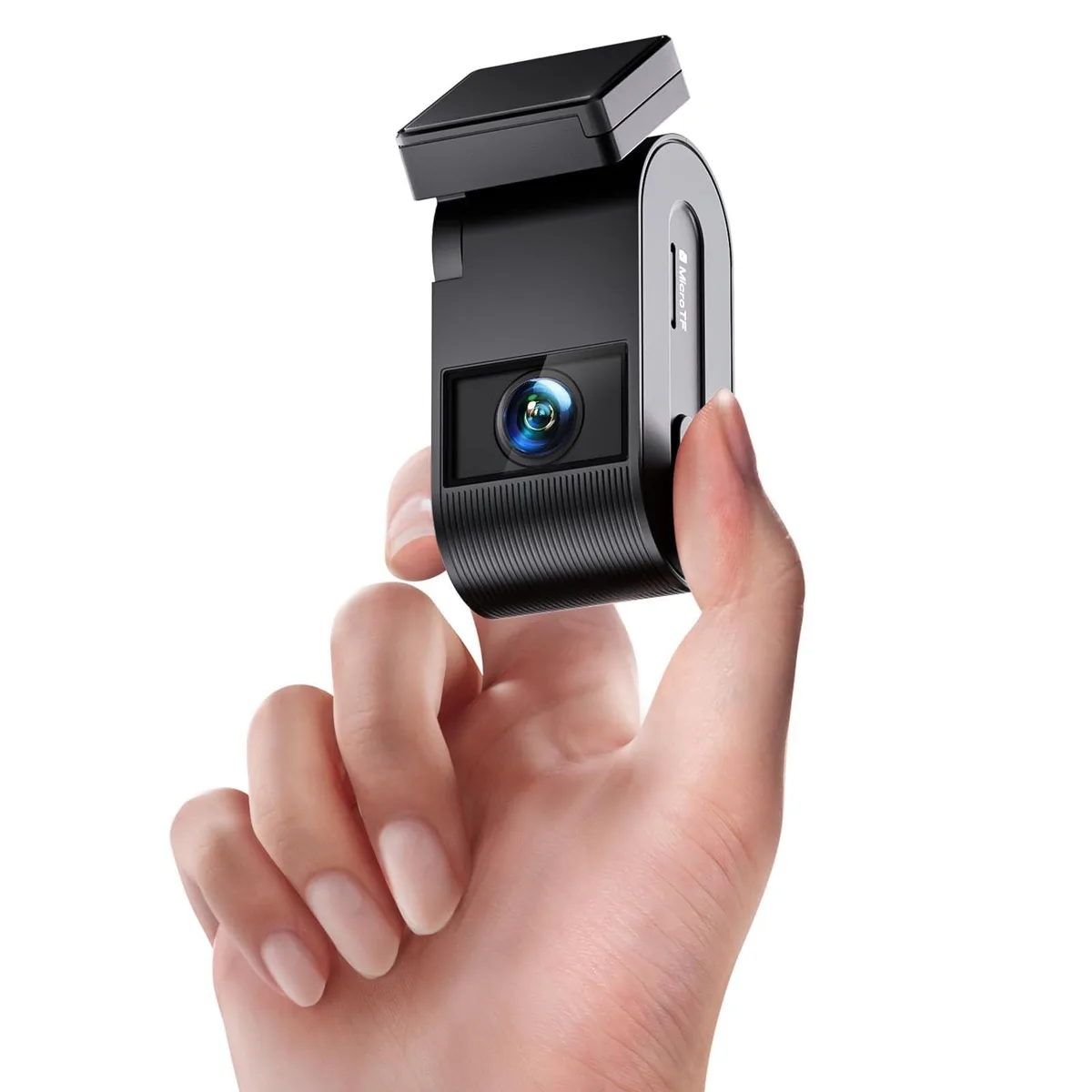 Tiny black dash cam, car-key sized, adhesive mount visible
