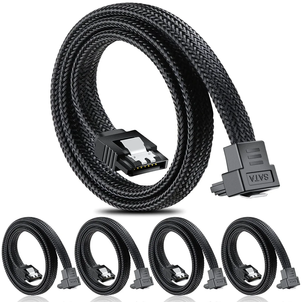  Electop Black-02 SATA III 90° braided cable 20 in black 5-pack — product photo