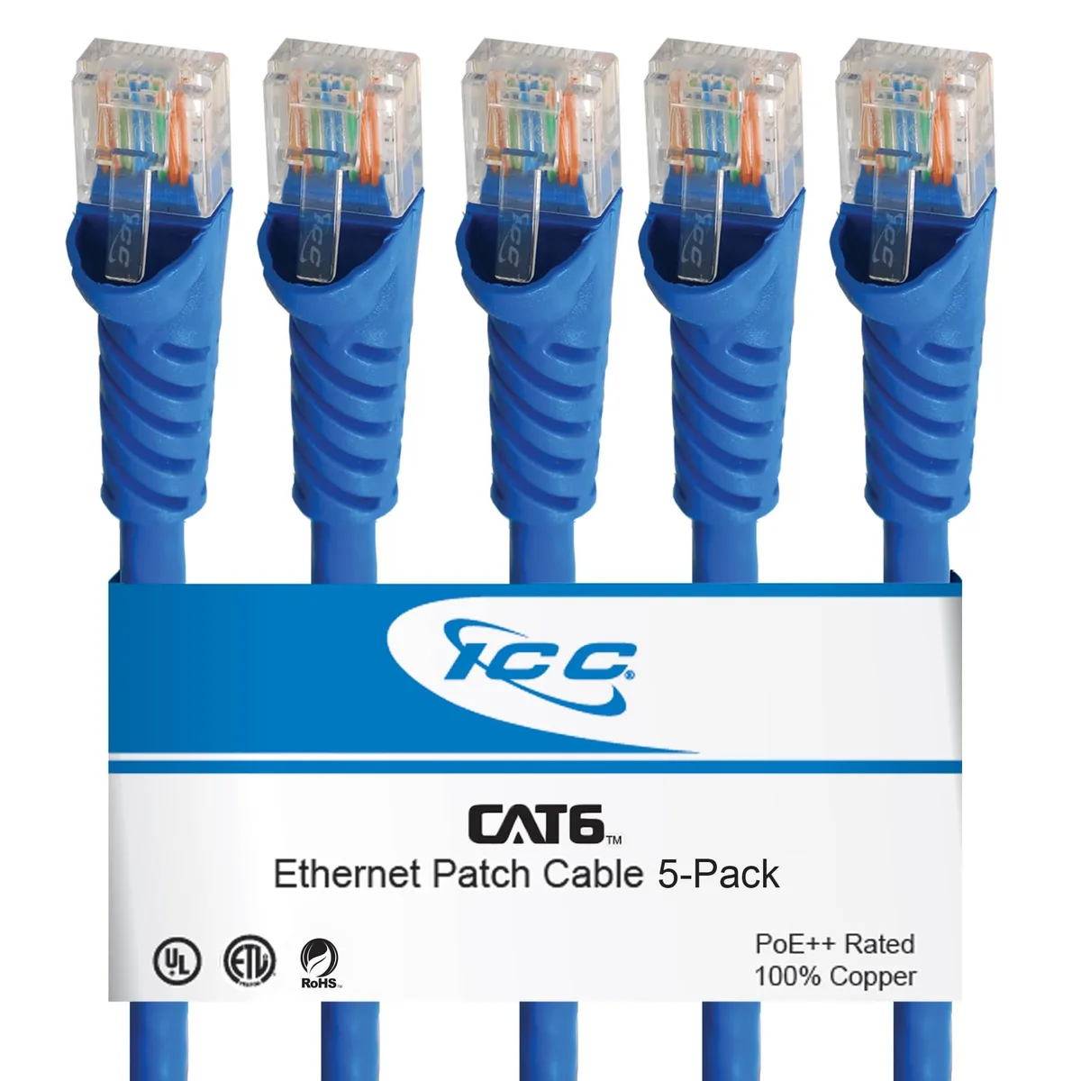  ICC ICPC5K10BL network ethernet cable Cat6 10 ft 5-pack 24 AWG blue — product photo