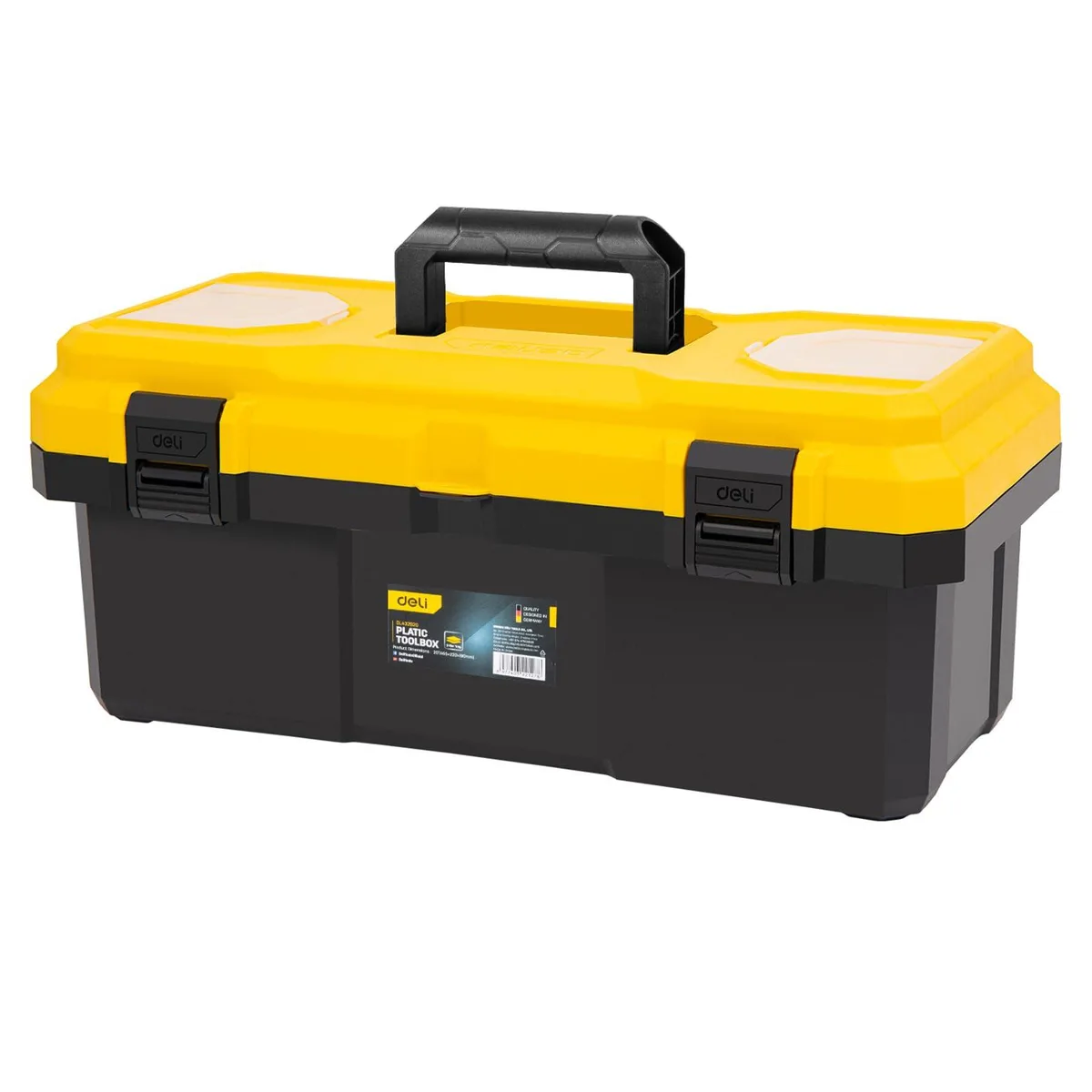 Black plastic 18 inch tool box with removable tray and liftable lid
