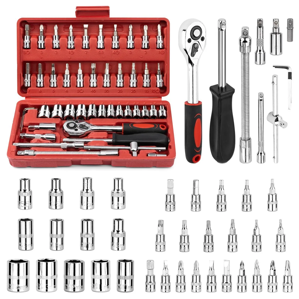A 46-piece 1/4 inch drive socket set in a compact storage case with chrome vanadium steel sockets and ratchet handle