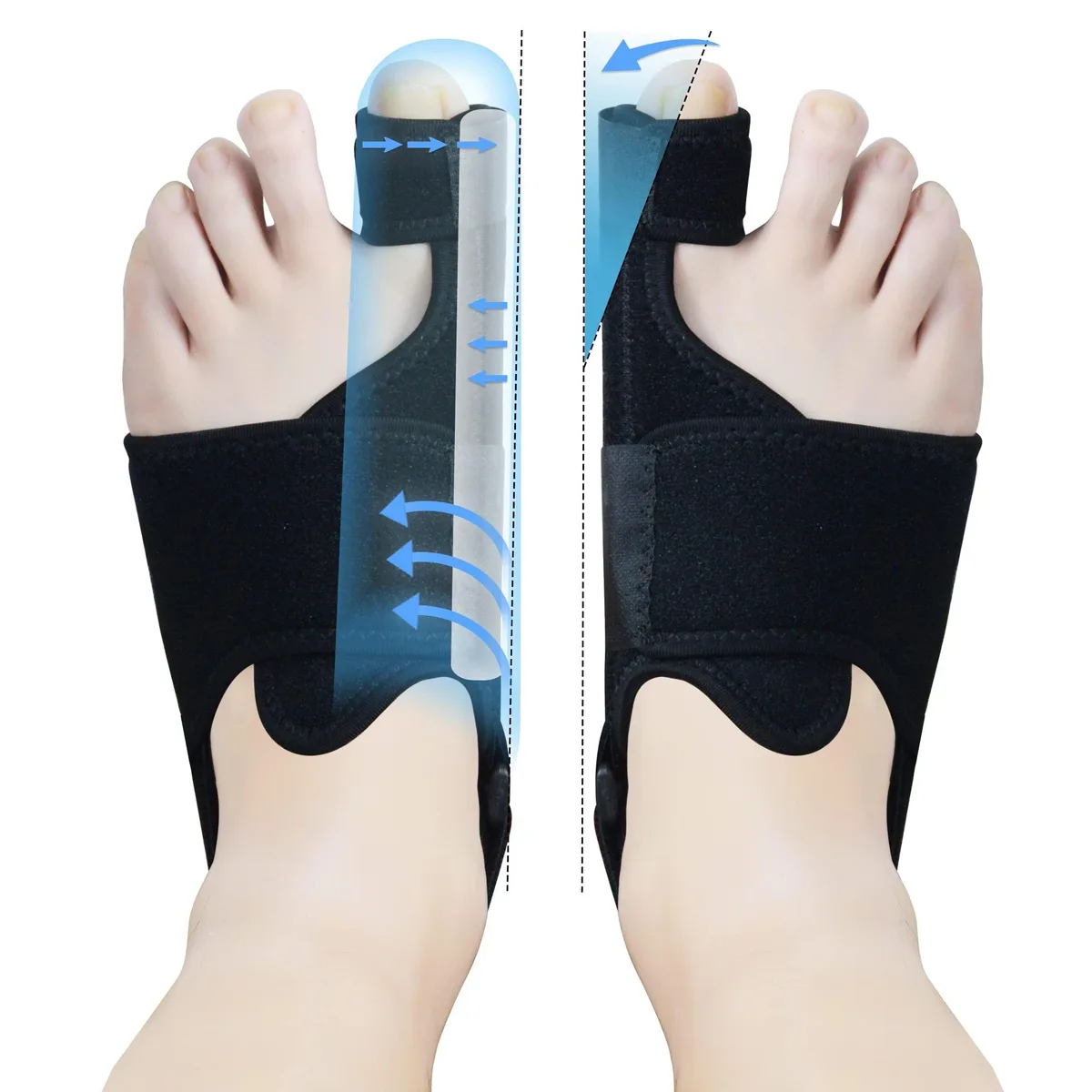 Black fabric bunion night splint with rigid side splint and adjustable straps, shown flat