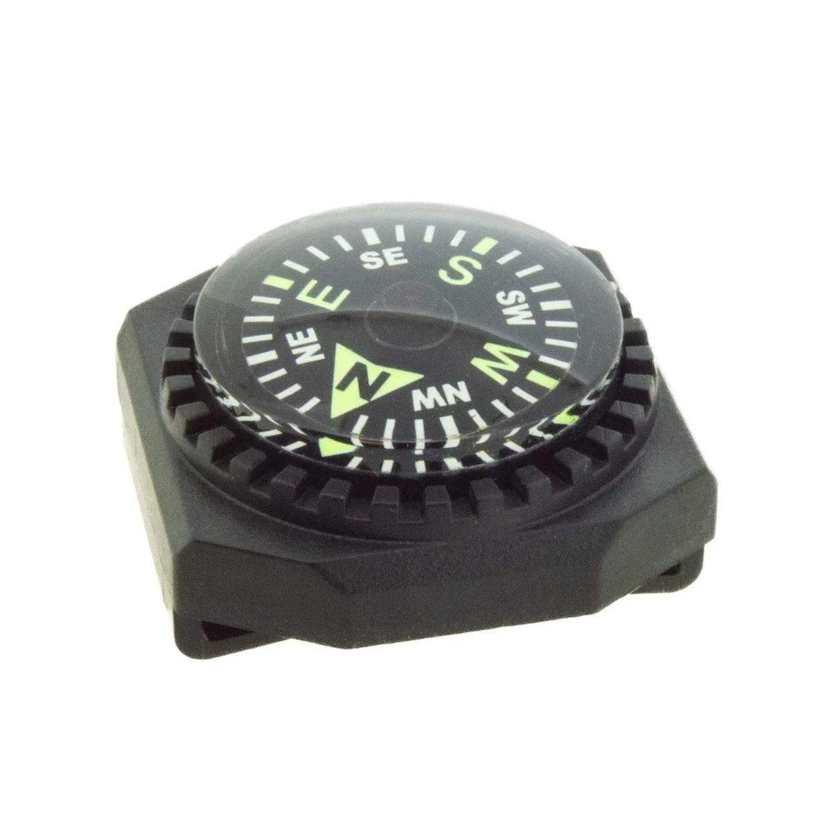 Small black ABS compass with luminous liquid-filled dial slips onto watch band