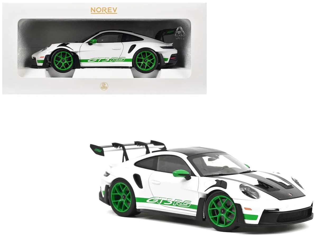 Norev Norev 2022 Porsche 911 GT3 RS Weissach Pack White Green Stripes Carbon Hood Top 1/18 Diecast Hobby Collectible — product photo