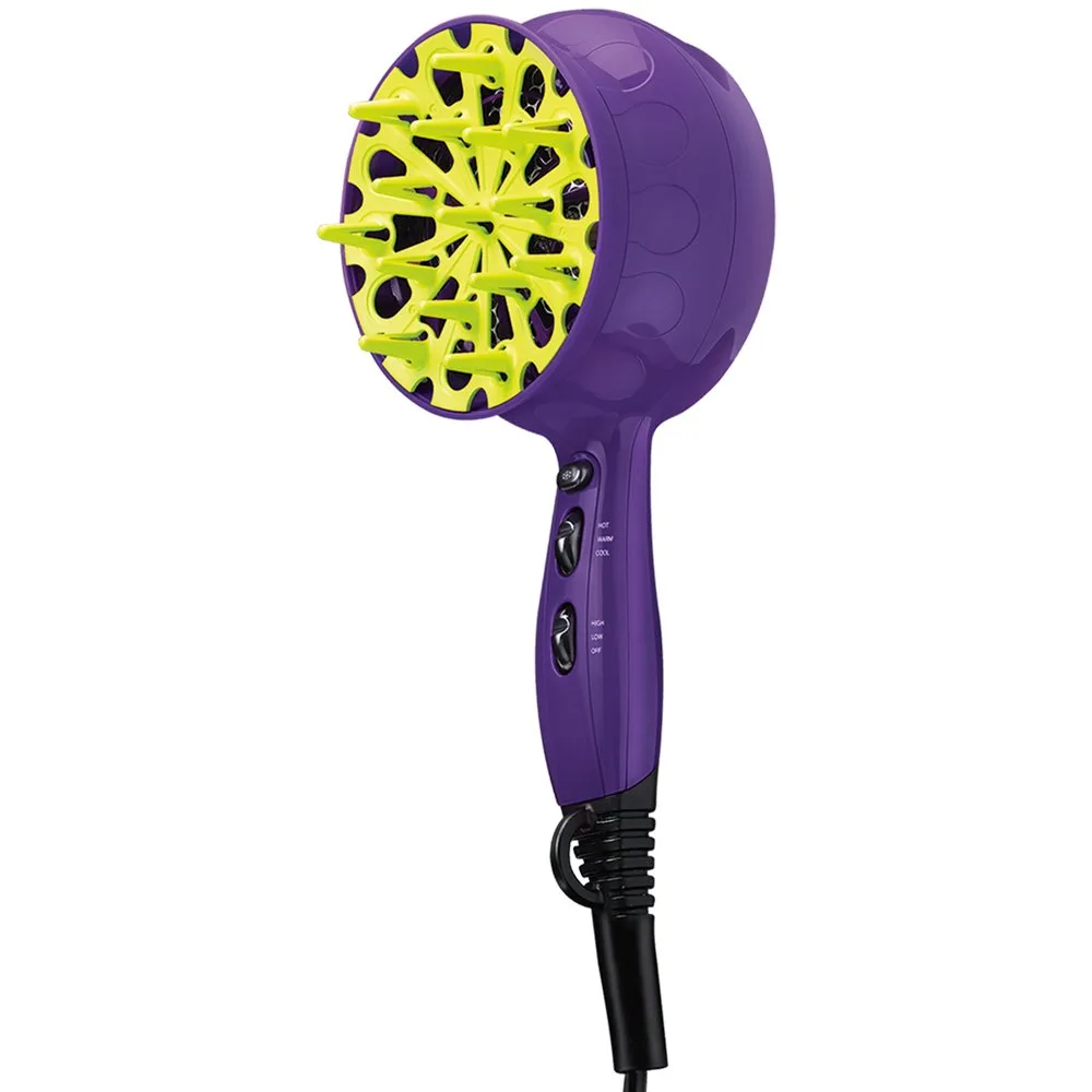 Purple hair dryer with diffuser attachment, 12 inches tall