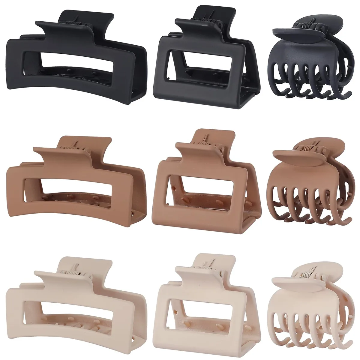 Nine brown claw clips in three sizes, matte finish, spring hinges visible