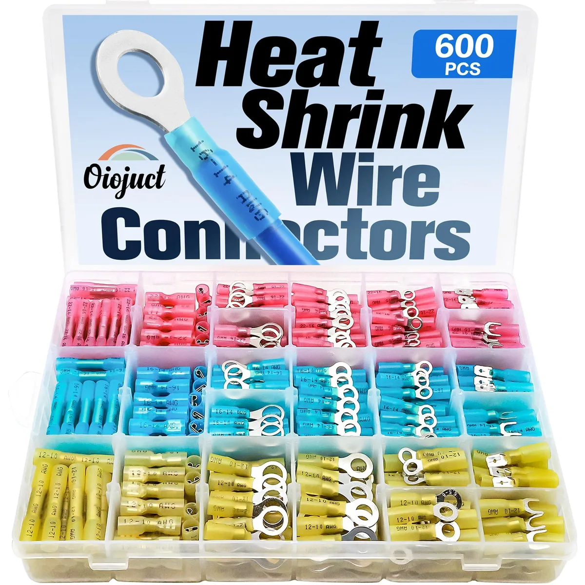 Clear plastic case holding 600 heat-shrink wire connectors in assorted colours