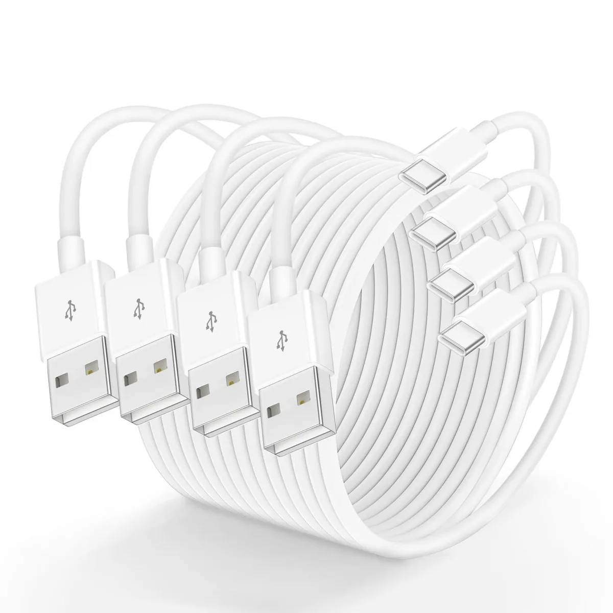 Four white USB-A to USB-C cables coiled together, each three feet long
