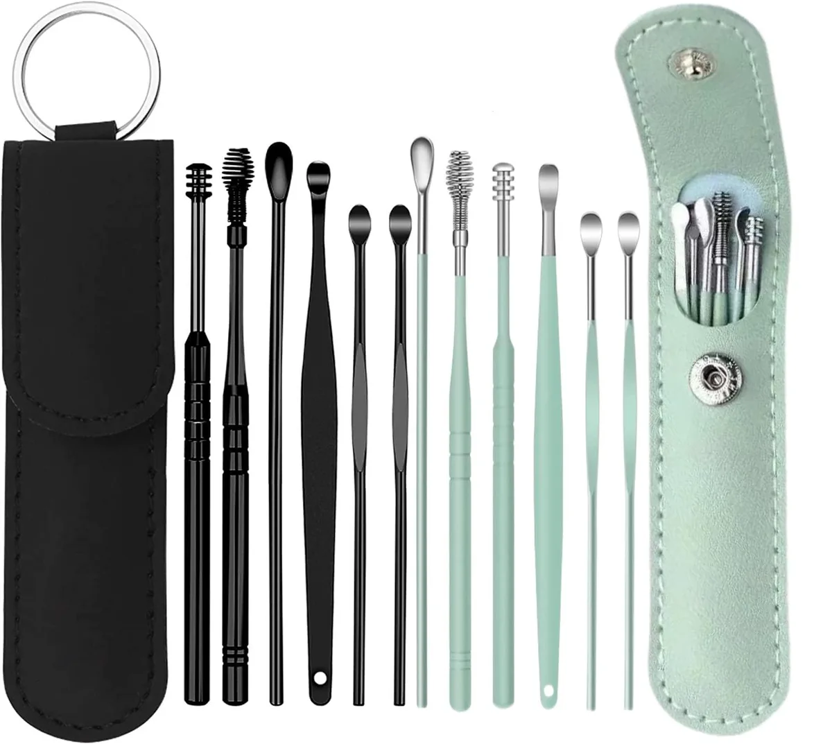 Twelve stainless-steel ear picks in a black-and-green leather storage box