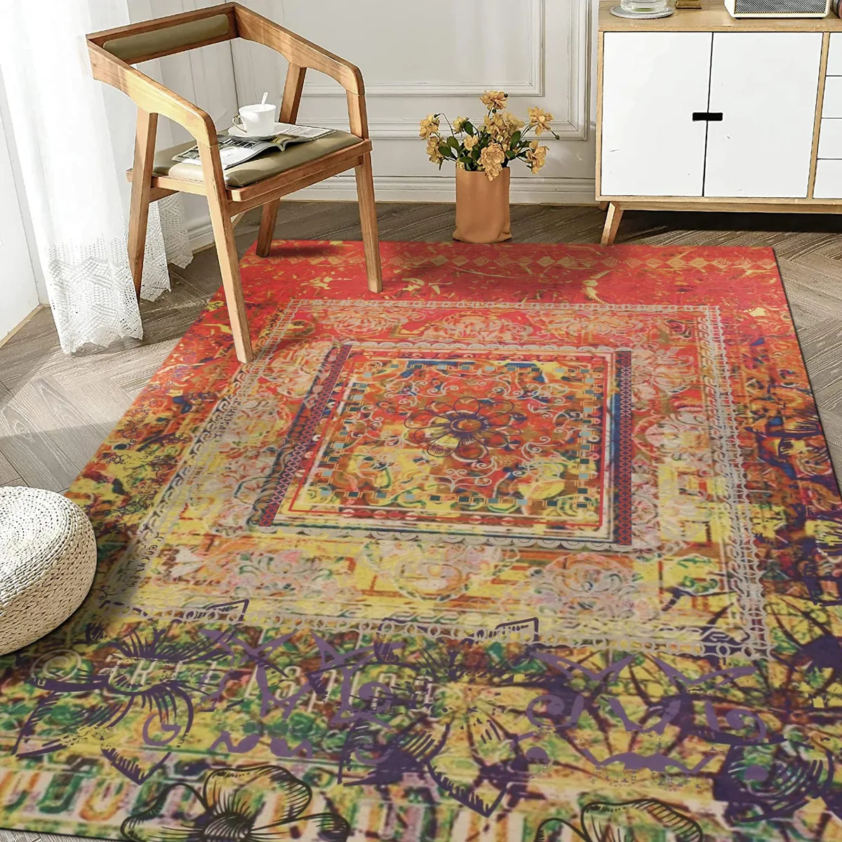 Rectangular multicoloured rug with distressed floral pattern, thin pile and faux leather backing