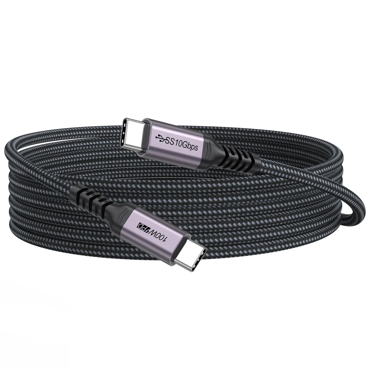 Grey braided USB-C to USB-C cable ten feet long with male connectors both ends
