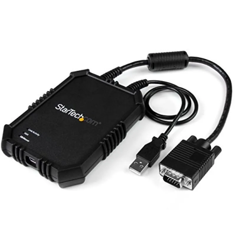 Compact rectangular USB crash-cart adapter with integrated VGA and USB cables, matte black rugged housing, LED status lights
