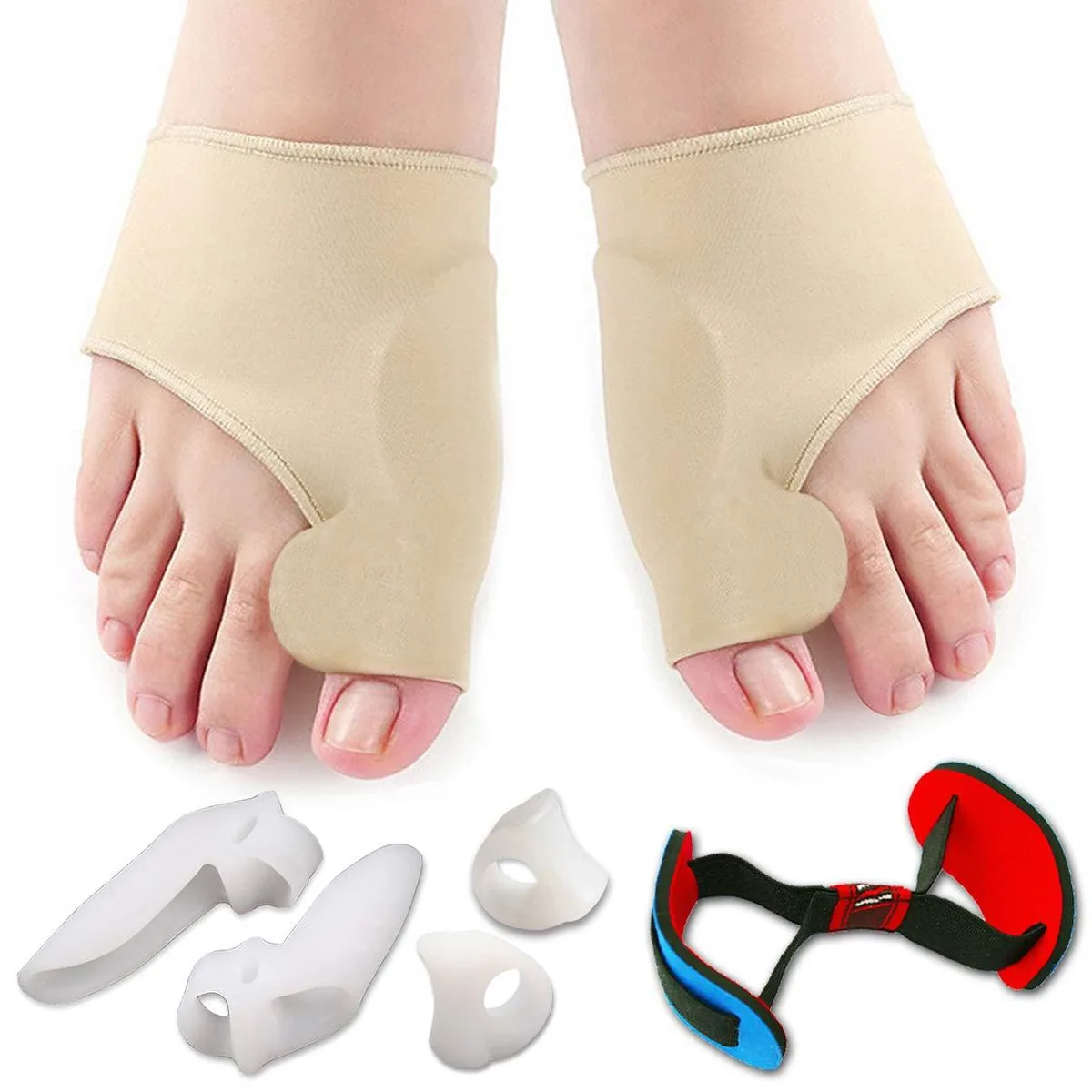 Seven-piece bunion corrector kit with silicone toe spacers and sleeves