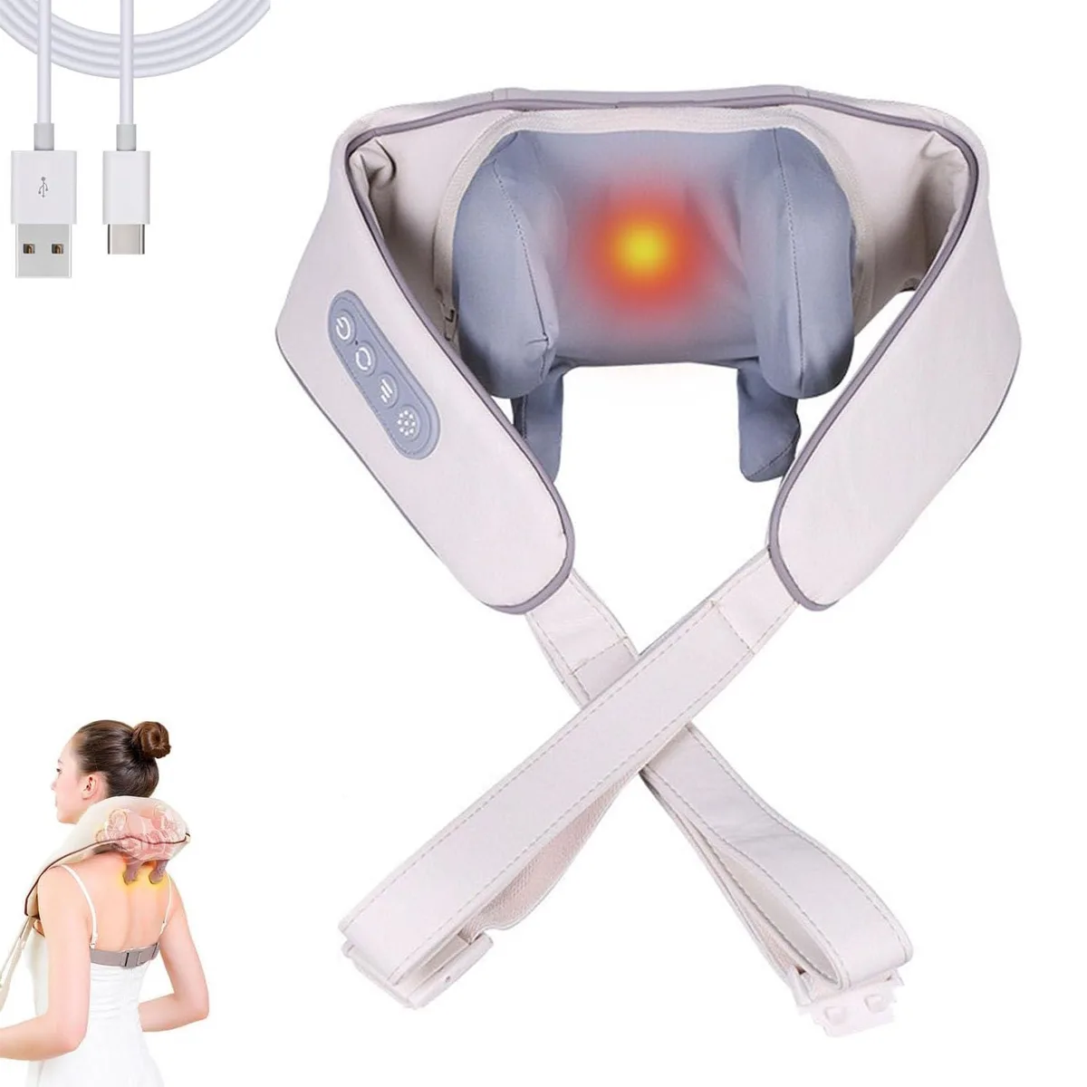 Beige wrap-around neck massager with rotating nodes, fabric finish, handheld controller