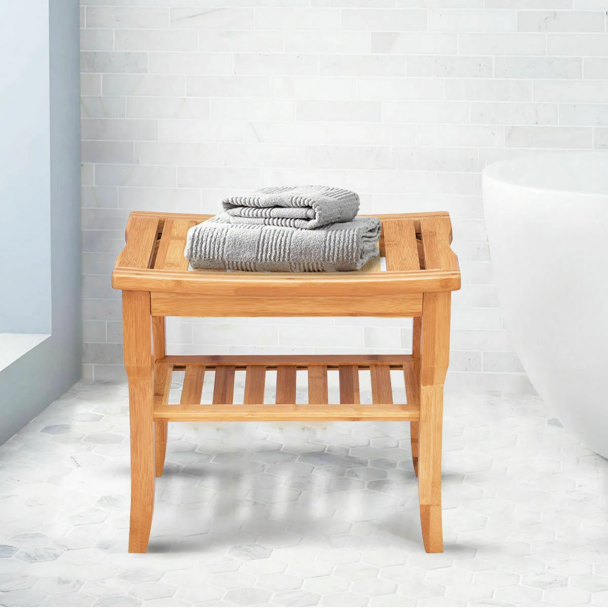 Costway Costway Bamboo Shower Bench with Storage Shelf — product photo