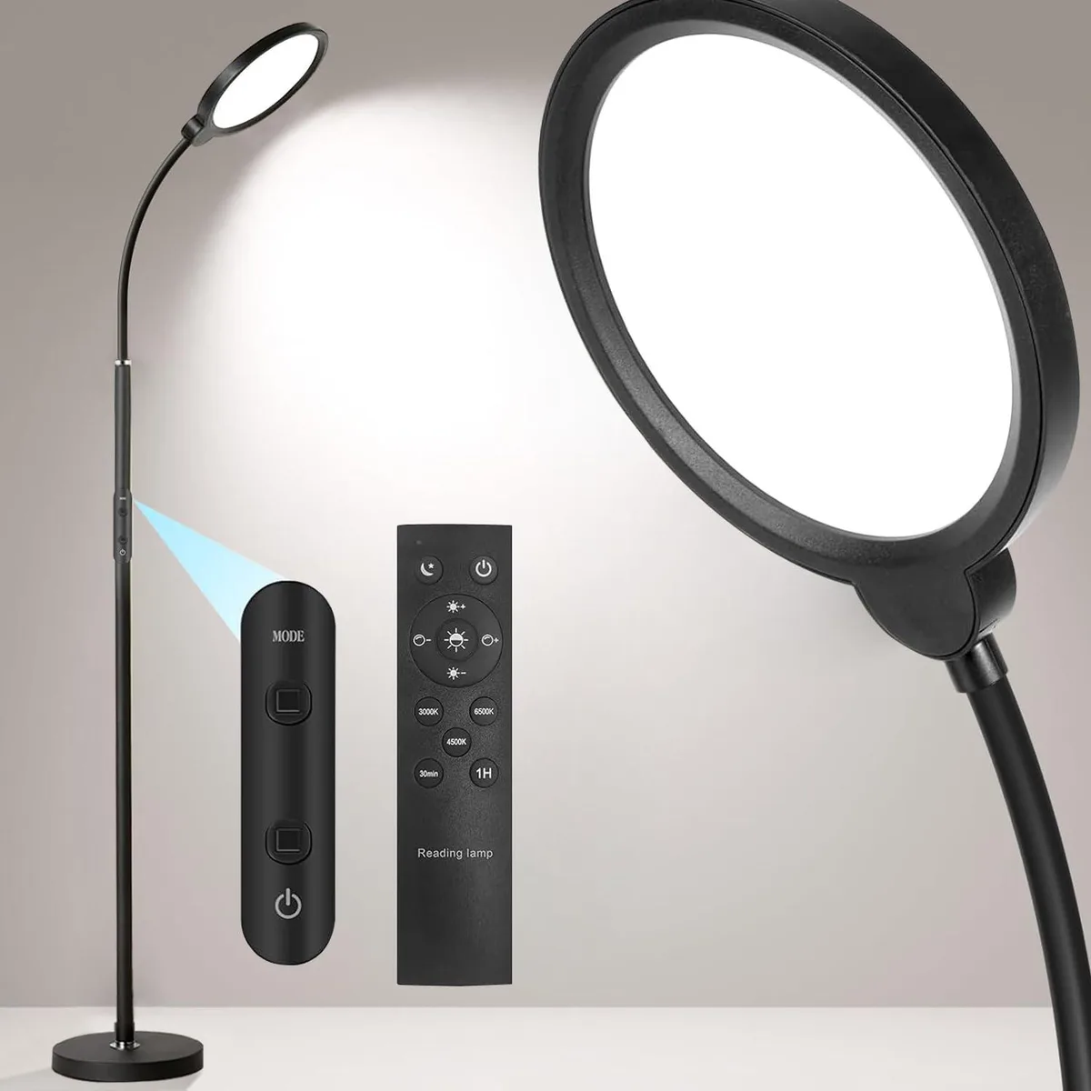 Matte-finish LED floor lamp with flexible gooseneck and remote control