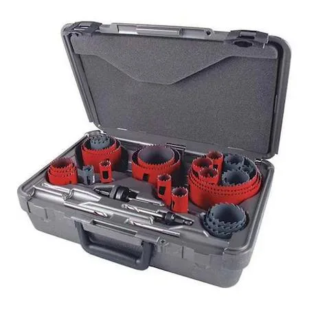 Black plastic carrying case containing twenty-nine hole saws and arbors