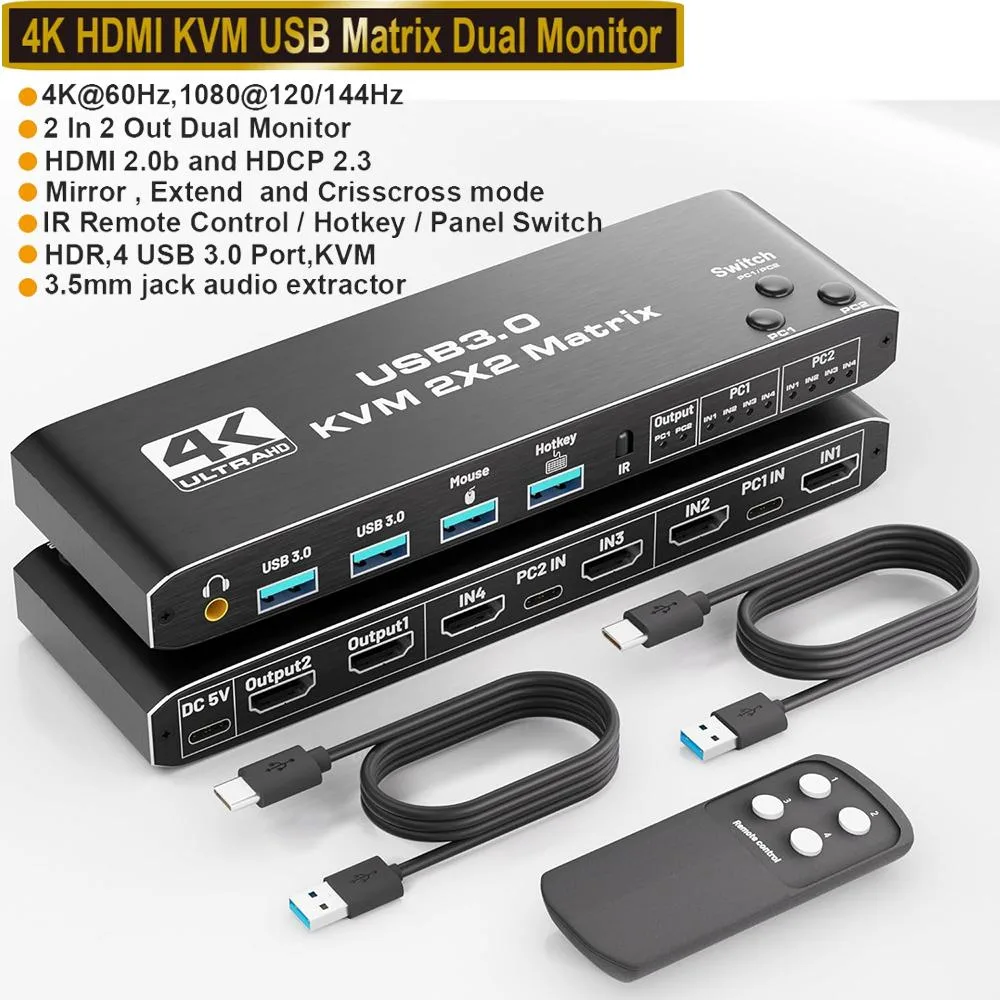 IHDAPP IHDAPP HDMI KVM Switch 2-Port Dual Monitor 4K 60Hz USB 3.0 Audio Remote — product photo