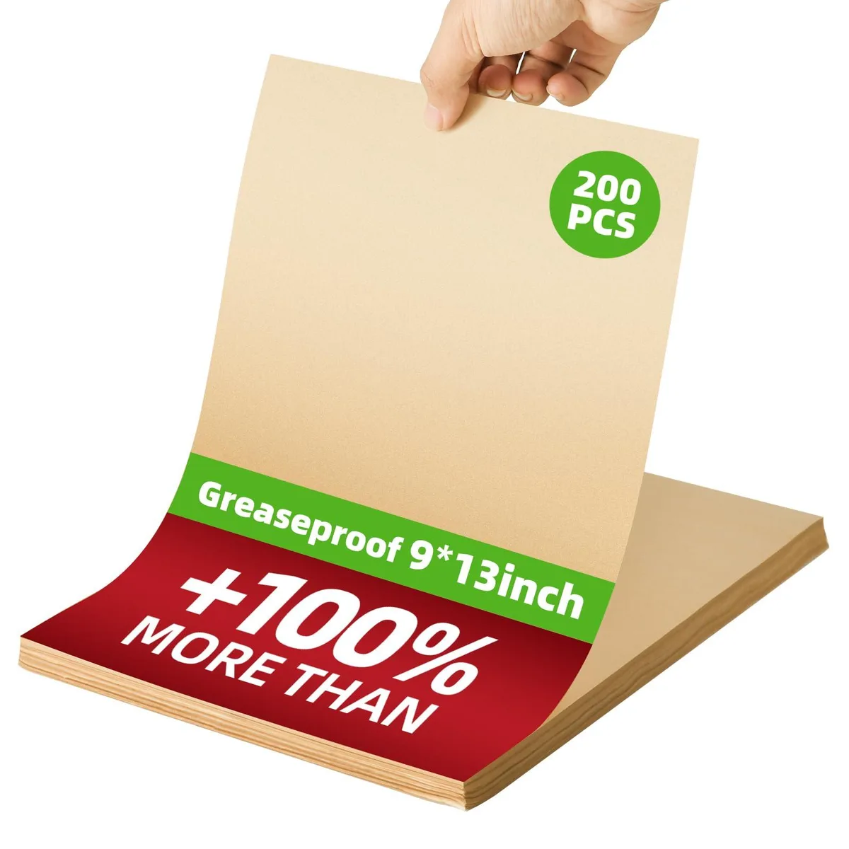 Stack of 200 light-brown parchment sheets, flat rectangular shape, unbleached wood-pulp finish