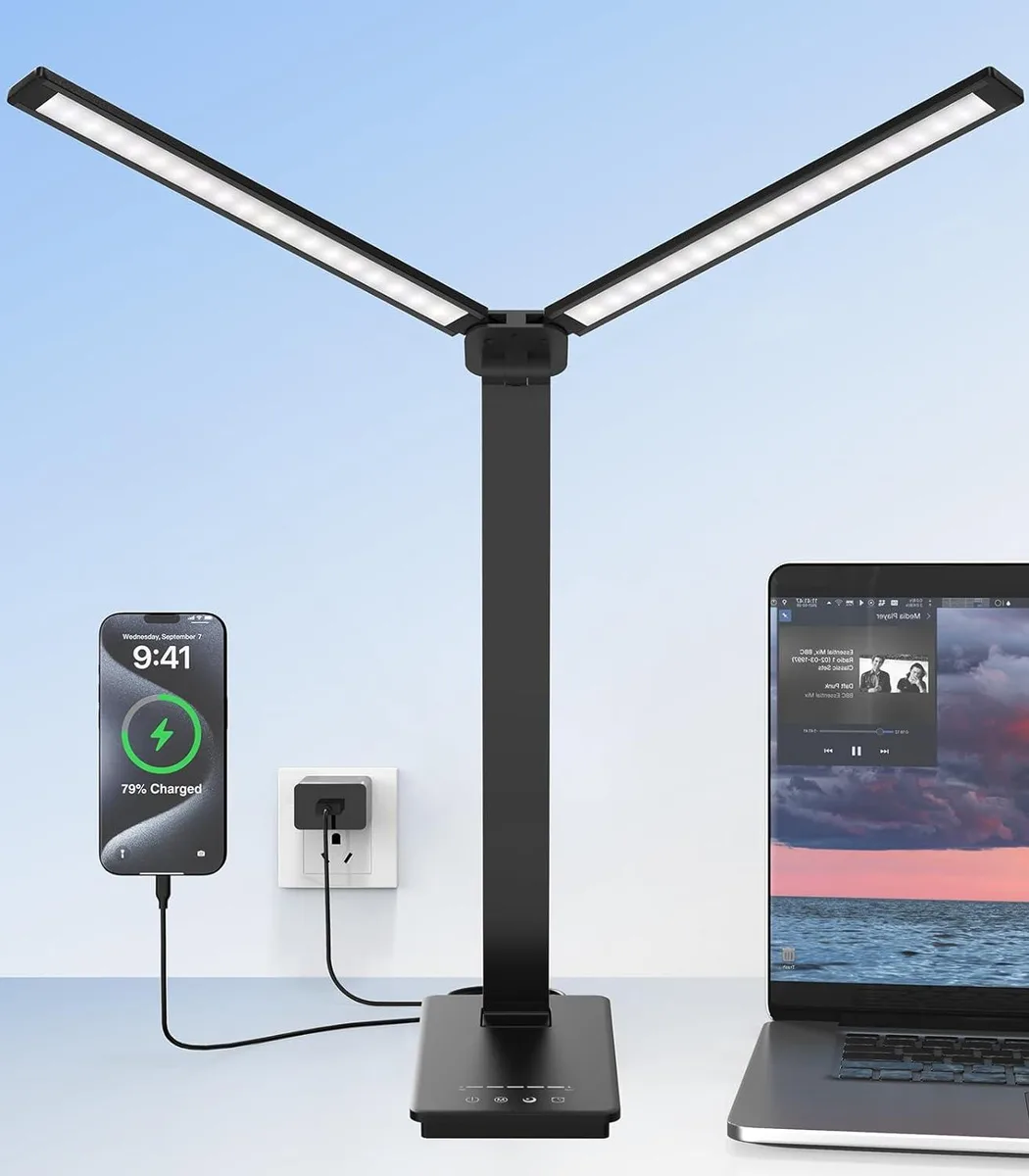 Black dual-head LED desk lamp with adjustable arms and USB port