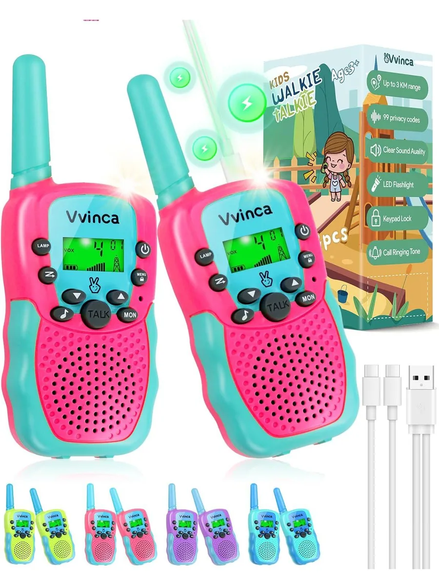 Two compact yellow walkie-talkies side by side, each with a built-in antenna, front speaker grille