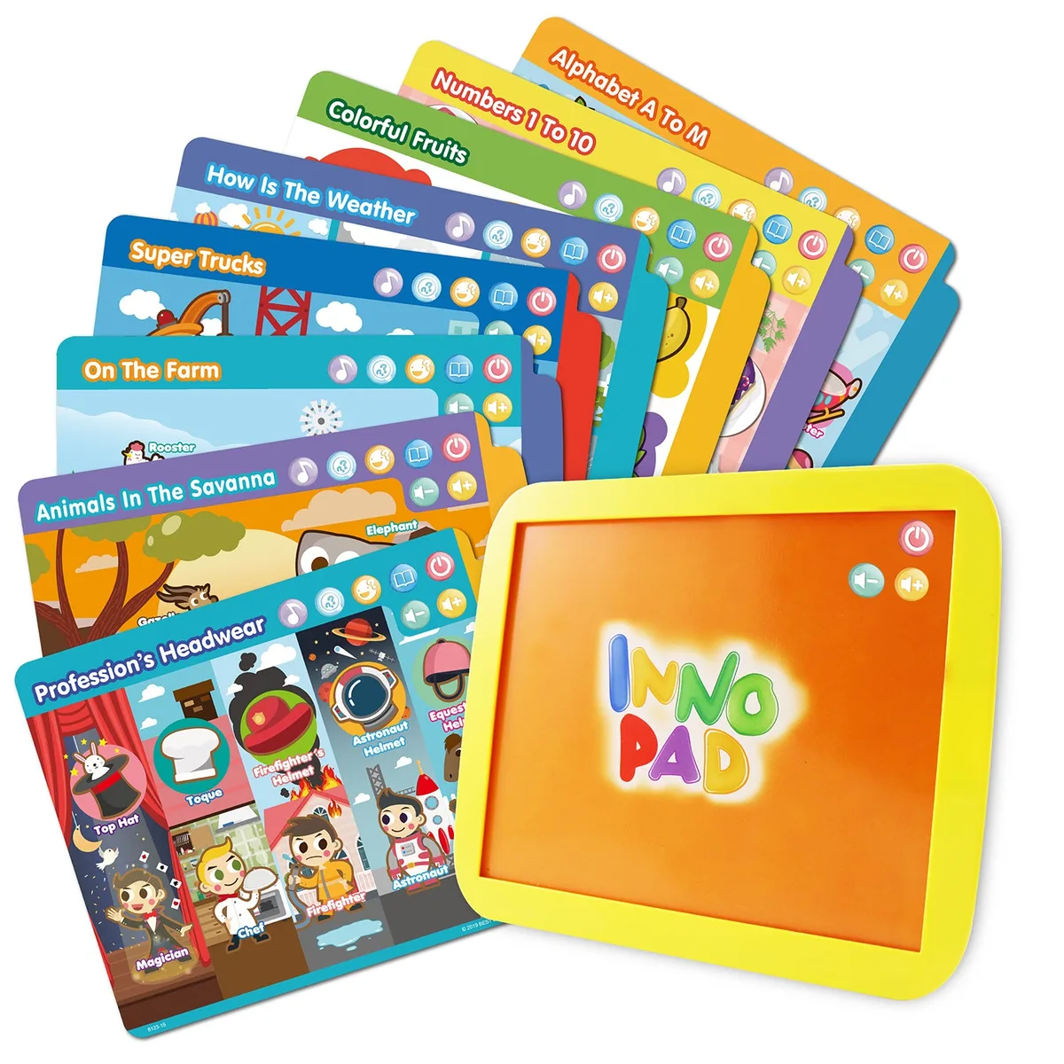 Yellow rectangular interactive learning tablet with 8 lesson cards, smooth plastic finish