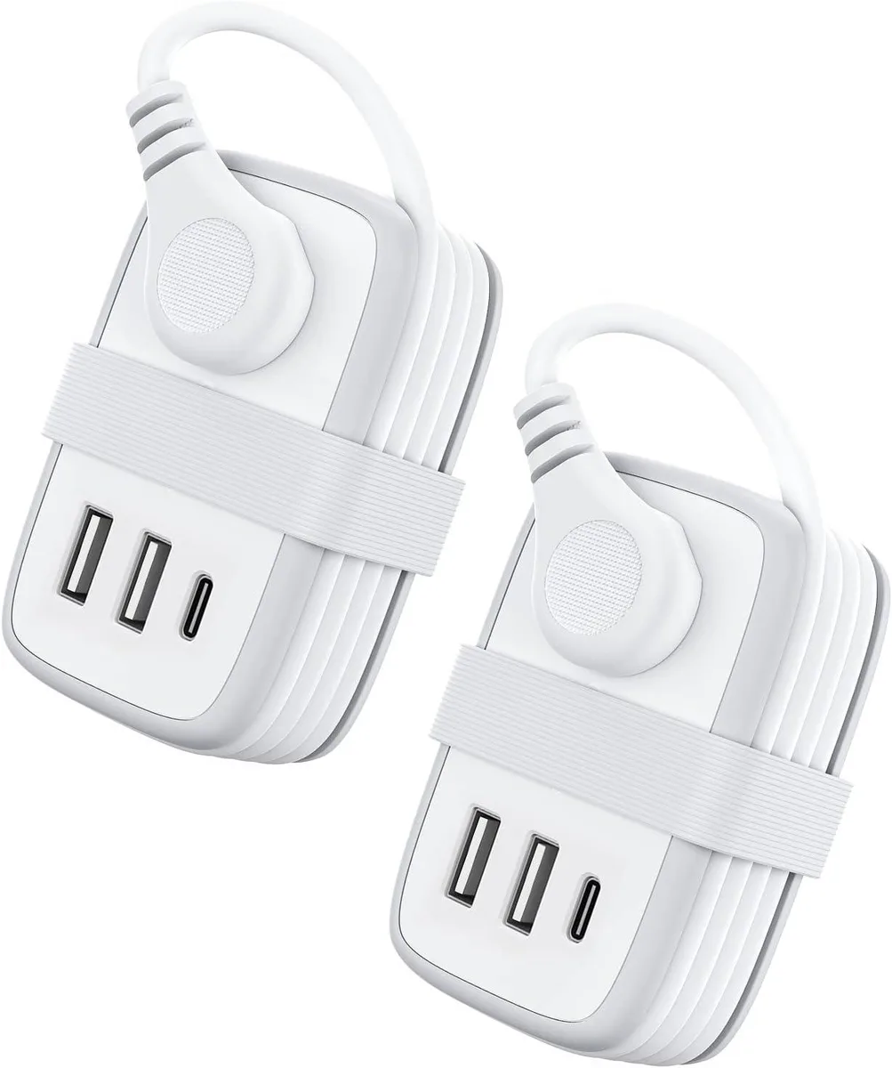 NTONPOWER NTONPOWER 2 Pack Power Strip 2 Outlets 3 USB Ports 3ft Retractable Cord White — product photo