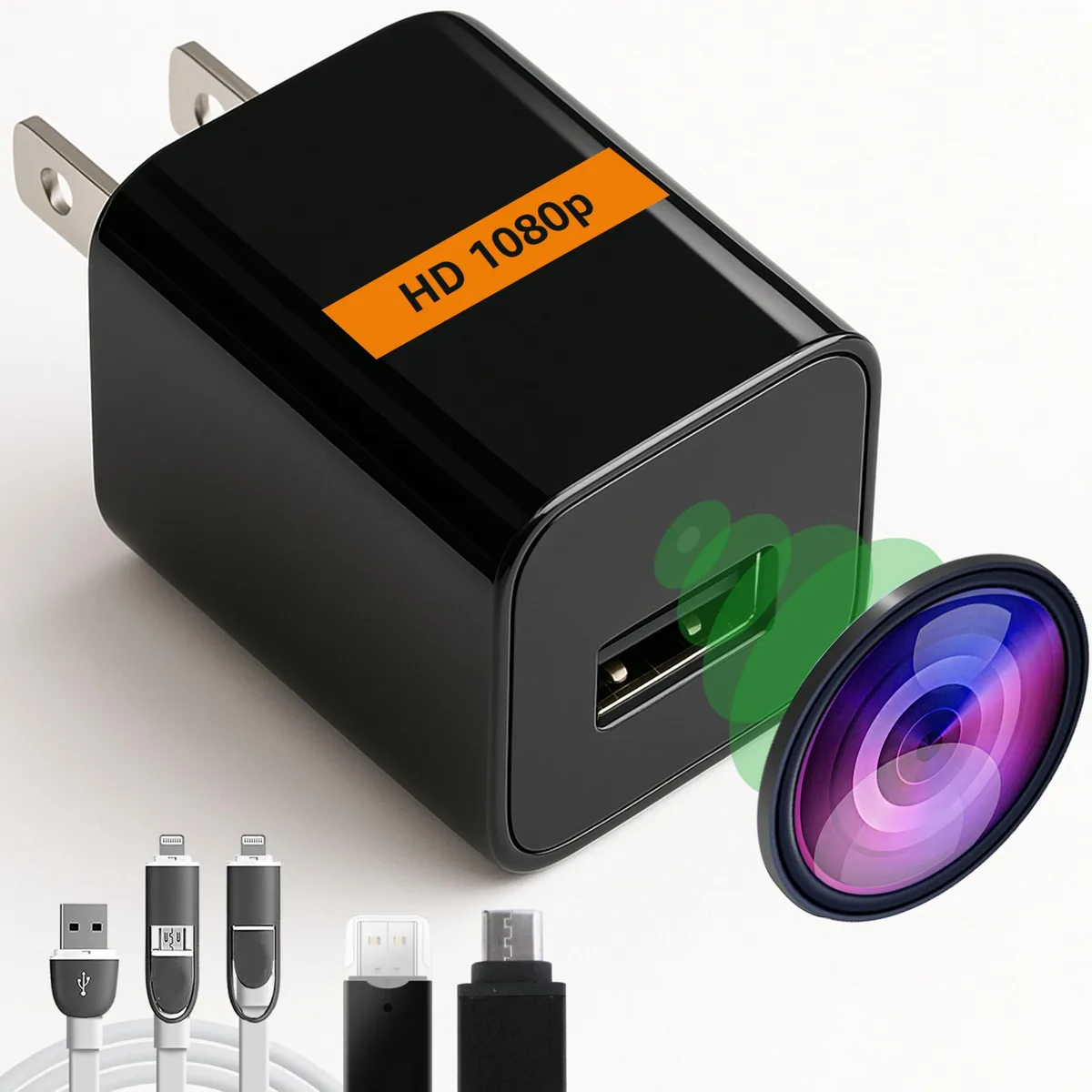 Small white plug-in camera with wide-angle lens and microSD slot