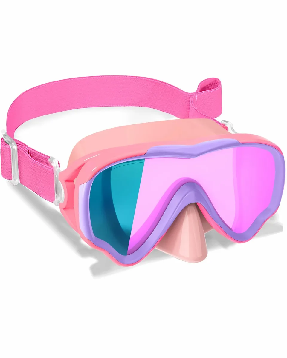 Blue kids swimming goggles with fabric strap nose cover and wide lenses