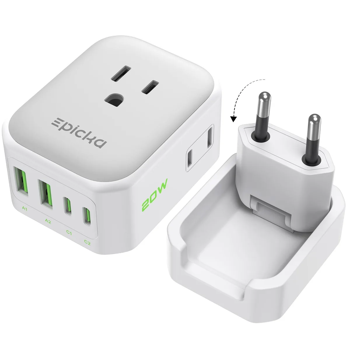 White cube travel adapter with foldable EU prongs, four AC sockets and four USB ports