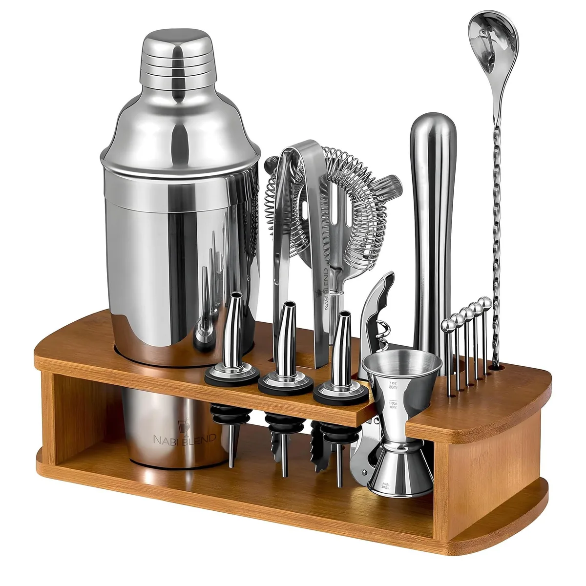 Sixteen stainless-steel bar tools on a bamboo stand, steel finish, 6.5 by 4.5 by 11.8 inches