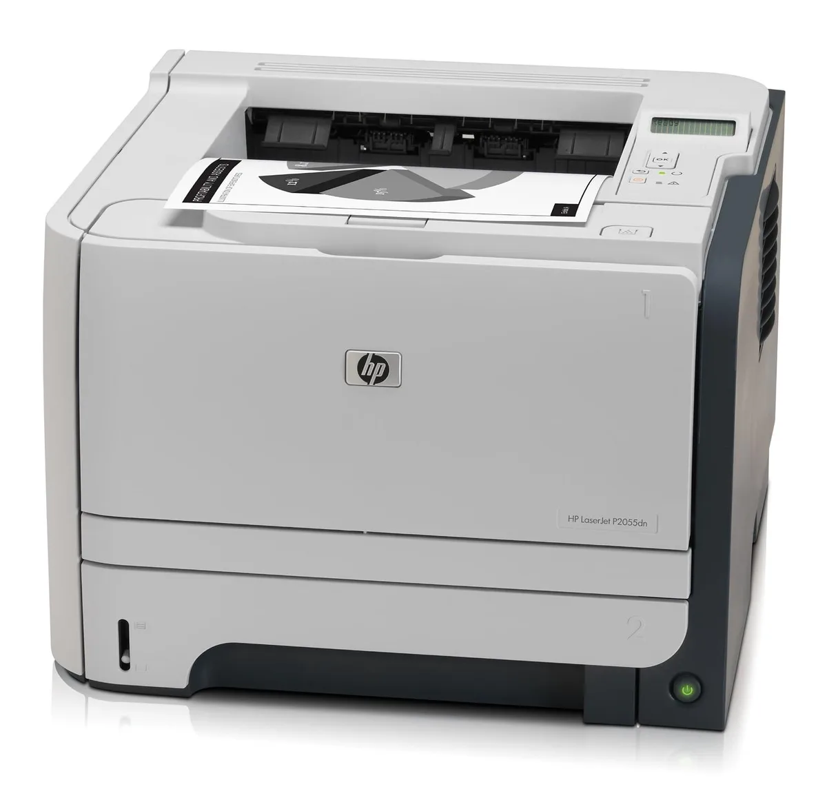 White rectangular desktop laser printer with paper trays and output bin