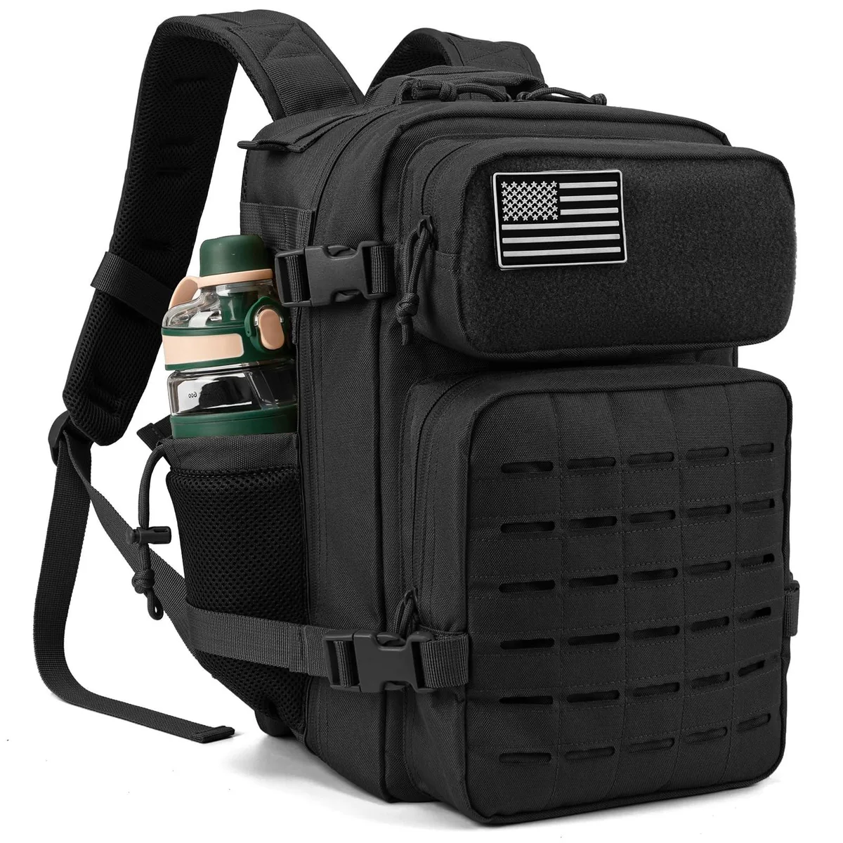 Black 25-litre tactical backpack with laser-cut MOLLE webbing, padded straps and dual cup holders