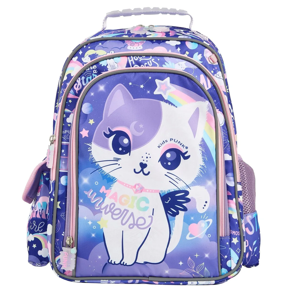 Purple 16 inch polyester backpack with kitty ears and reflective strips