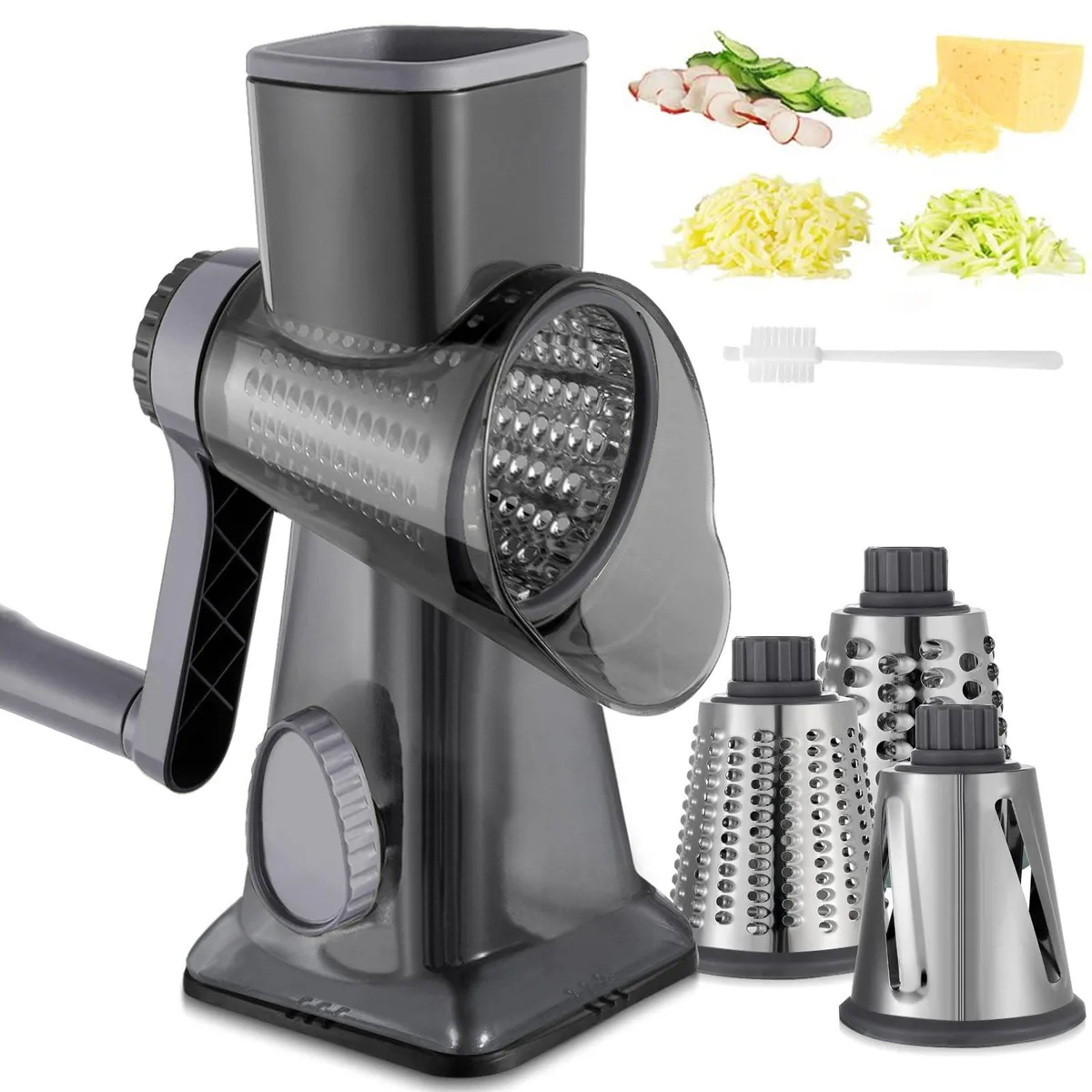 Cheese Grater Hand Crank Rotary Vegetables Shredder 3-in-1 Interchangeable Blades Non-slip Base — product photo