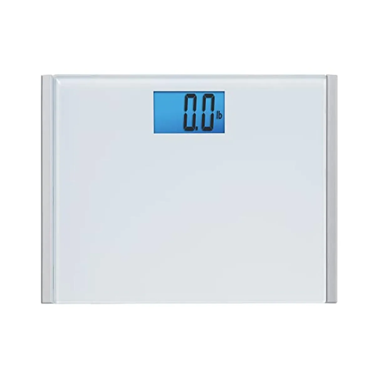Black rectangular digital bath scale with a 15 x 13 in white glass platform and large blue backlit display