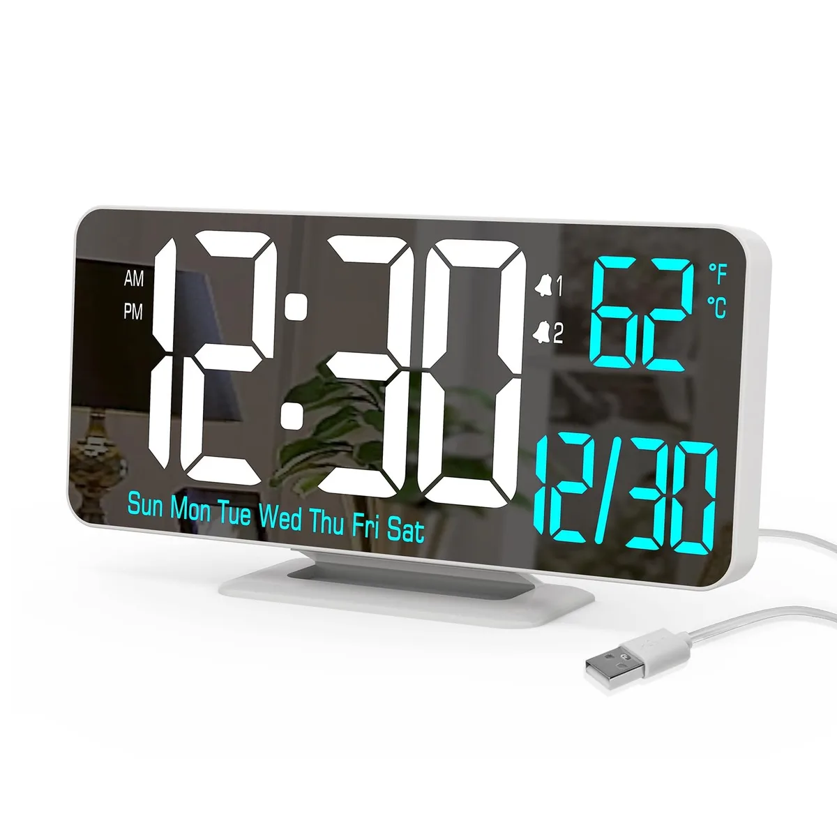 White rectangular LED clock with blue digits on a mirrored display