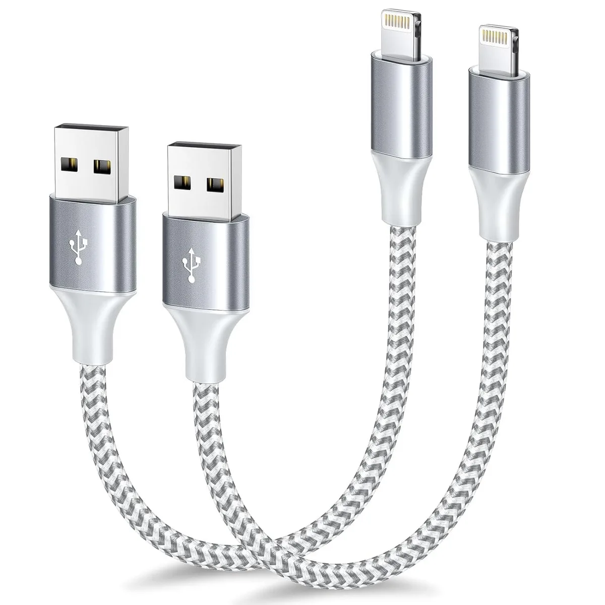 Two short 12 inch USB A to Lightning cables with braided nylon finish