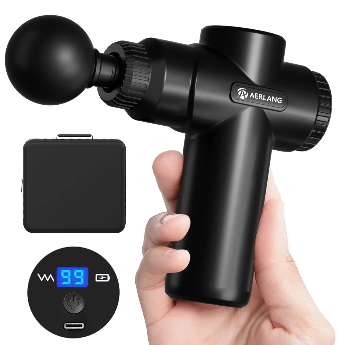 Compact black handheld massage gun with textured grip and carry case