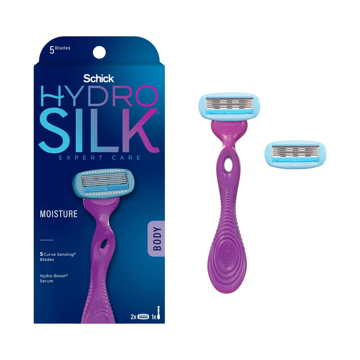 Schick Hydro Silk Moisture women's razor handle with two refill cartridges