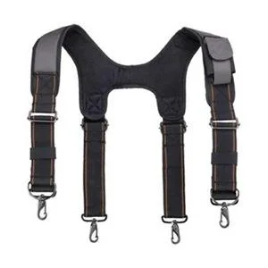 Gray polyester tool suspenders with gel inserts and a cell phone pocket