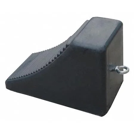 Black rubber wheel chock with grooved tread and steel grab handle