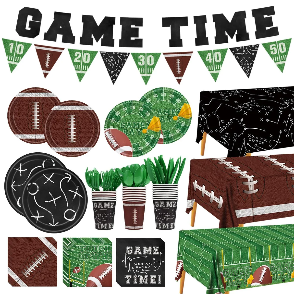 White disposable football-themed dinnerware set for 24 guests with black rim plates, napkins, cups, cutlery